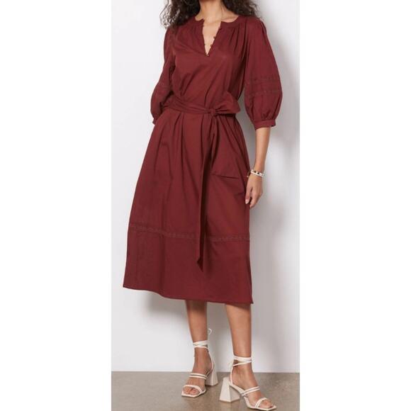 Evereve Dresses & Skirts - EVEREVE Evelyn Midi Dress Womens L Maroon Button V Neck 3/4 Puff Sleeve Belted